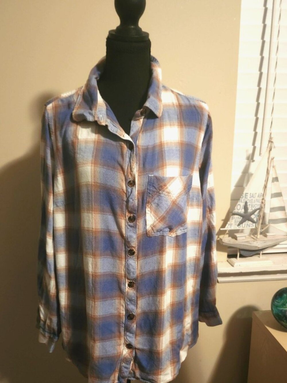 Terra Sky Grunge Country Western 1X Blue Plaid Button Up Shirt Collared